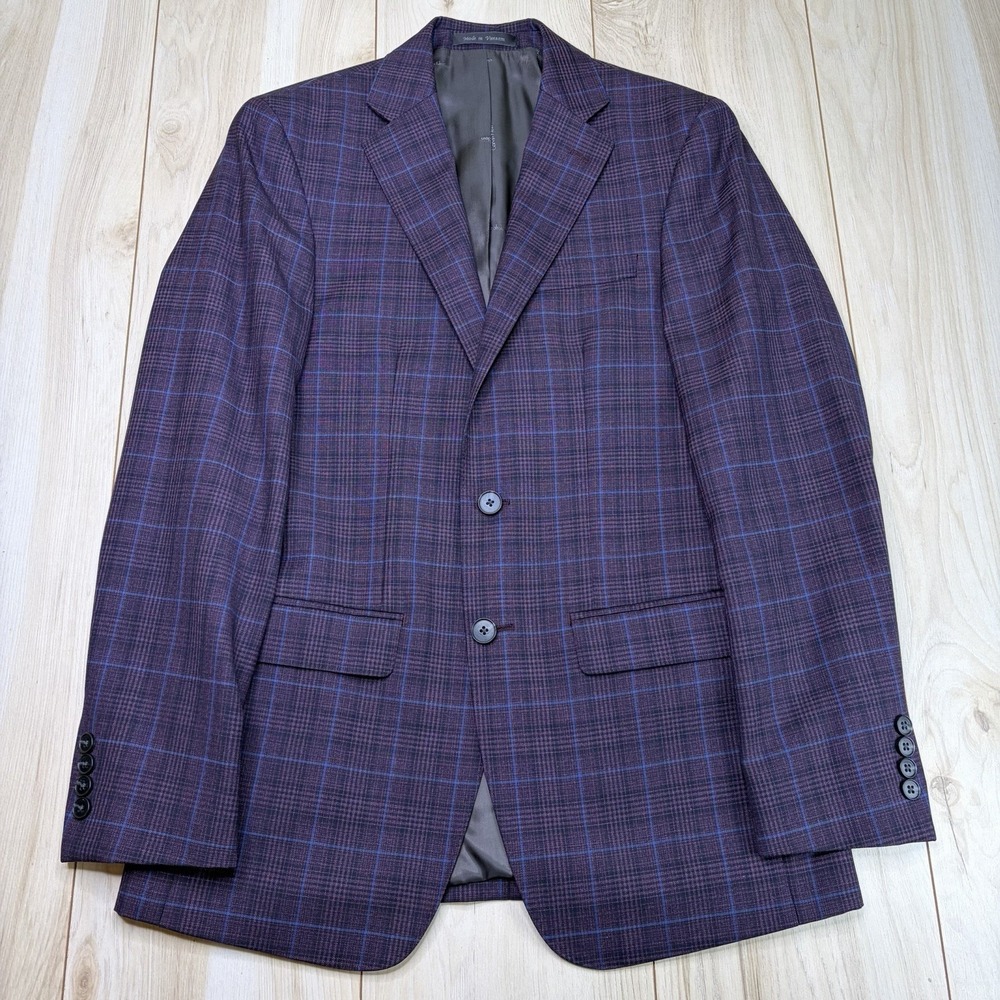 Calvin Klein Windowpane Glen Plaid Wool Sport Coat  Mens 36R Purple Blue Blazer